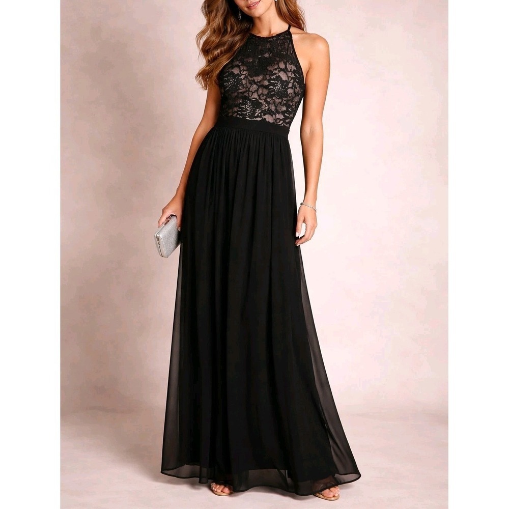 Morgan & Co Black Lace Maxi Dress 9/10 Sleeveless Formal Evening Prom Elegant